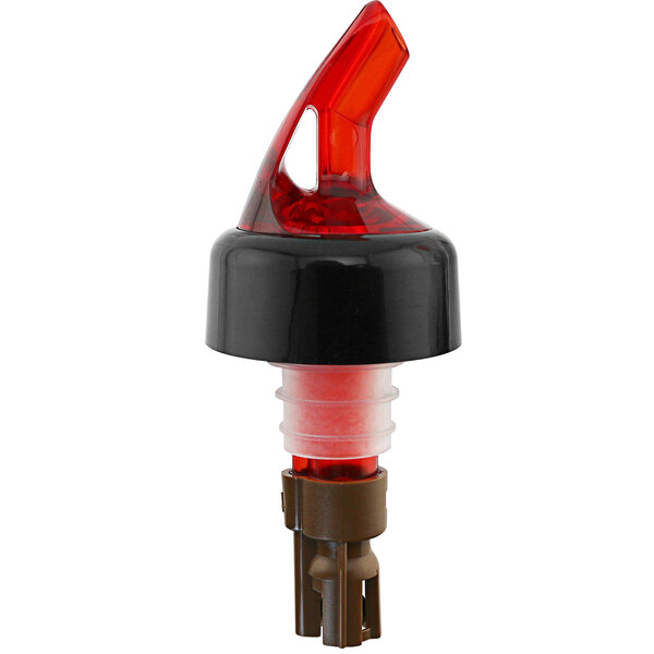 A red and black Franmara Measured Liquor Pourer with a brown tail and collar.