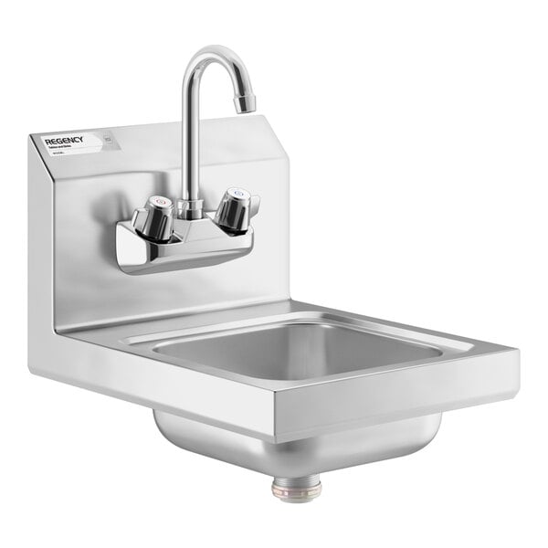 A Regency stainless steel wall mounted hand sink with a gooseneck faucet.