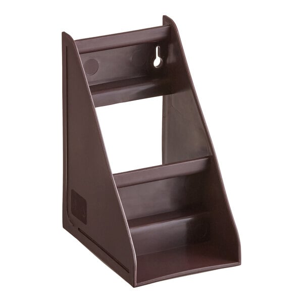 A brown, two-tiered plastic stand with angled shelves and a keyhole slot for wall mounting.