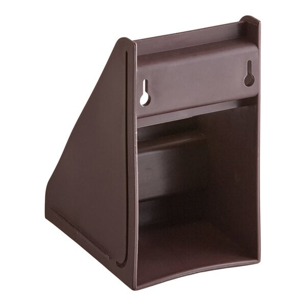 A brown, two-tiered plastic stand with an open front and keyhole slots for wall mounting.