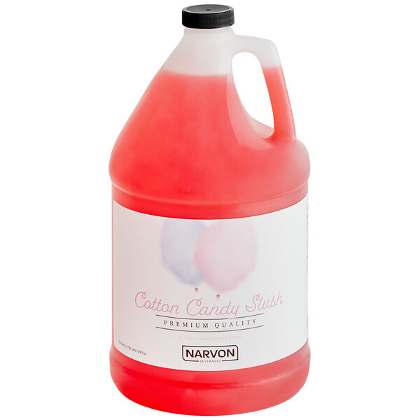 A red plastic jug filled with pink Narvon Cotton Candy Slushy concentrate.