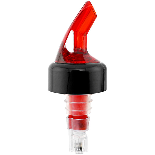 A Franmara red and black liquor pourer with a clear spout and black collar.