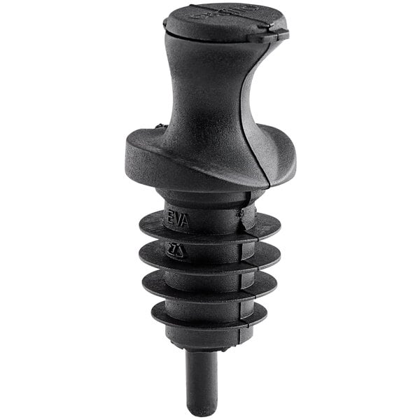 A black plastic Franmara Seal & Pour bottle stopper with a screw-on top.