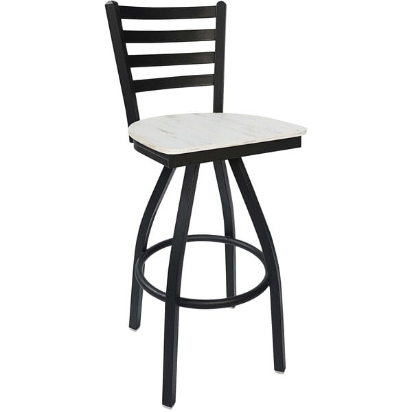 A BFM Seating black steel swivel barstool with a white seat.