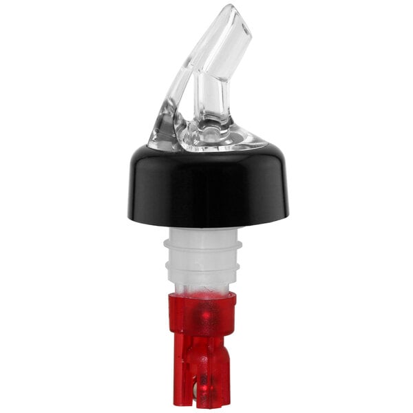 A Franmara clear liquor pourer with a red tail and collar.