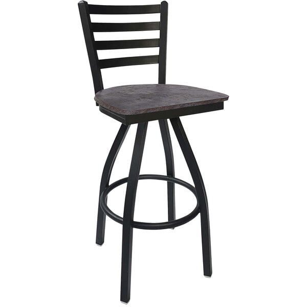 A BFM Seating black steel swivel barstool with a copper seat.