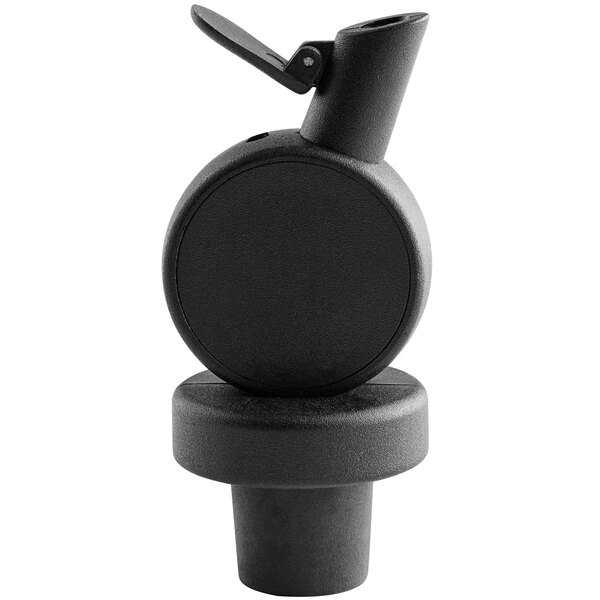 A close-up of a black Franmara auto-close speed pourer.