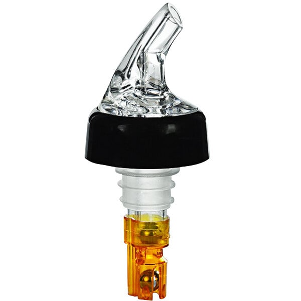 A close-up of a Franmara clear spout with an orange tail on a glass bottle.
