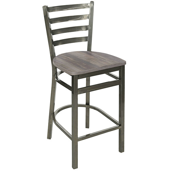 A BFM Seating metal barstool with a wooden seat.