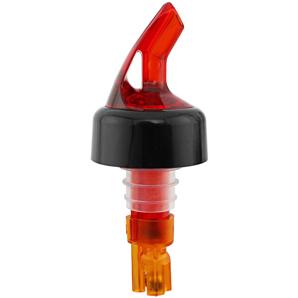 A Franmara red and black plastic liquor pourer with a black cap.