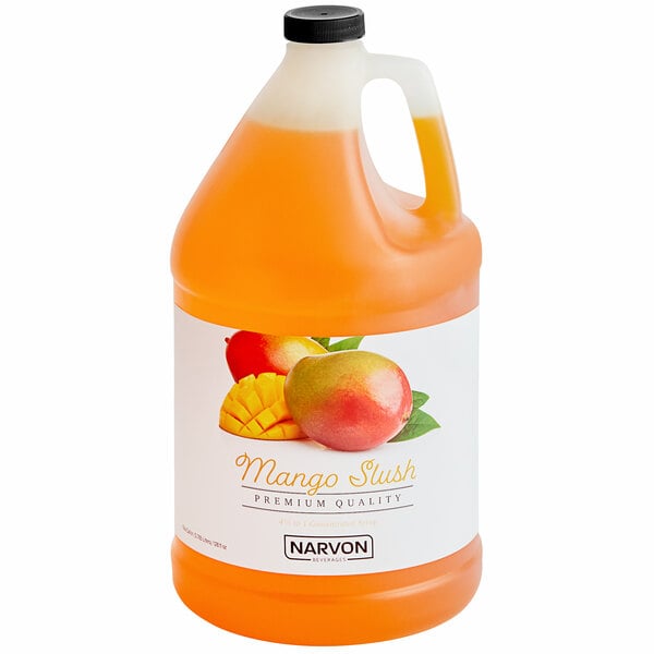 A jug of Narvon Mango Slushy concentrate with a label.