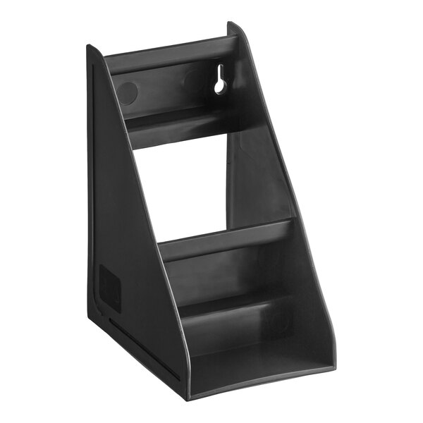 A black, two-tiered plastic stand with angled sides and a slot for wall mounting.