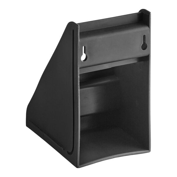 A black, two-tiered plastic stand with an open front and two keyhole slots on the back for wall mounting.