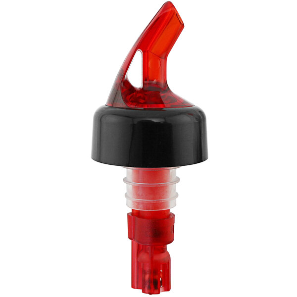 A red and black Franmara Measured Liquor Pourer with a black collar.