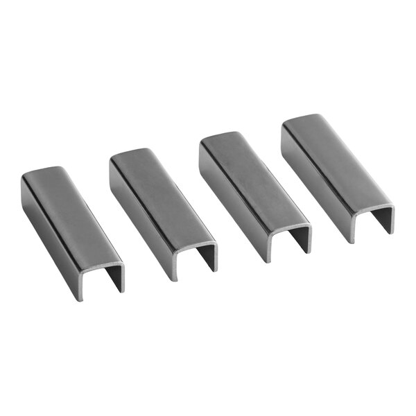 Four metallic, U-shaped connector clips are arranged in a row on a white background.