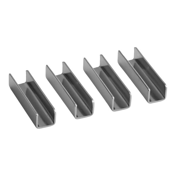Four identical metal U-shaped connector clips are arranged in a row on a white background.