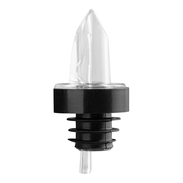 A clear plastic pour spout with a black collar and ribbed stopper, designed for inserting into a bottle.