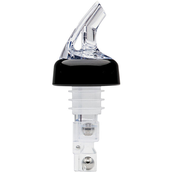 A close-up of a clear Franmara Sure Shot liquor pourer with a black collar.