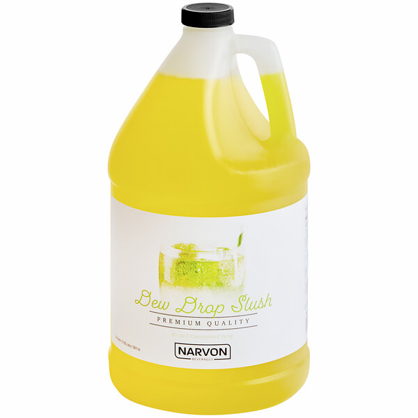 A jug of yellow Narvon Dew Drop slushy concentrate.