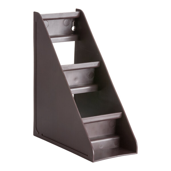 A brown, three-tiered plastic stand with angled sides and three shelves.