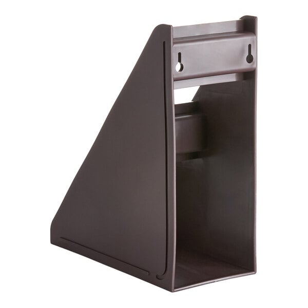 A brown, triangular, three-tier stand with open sides and two keyhole slots for wall mounting.
