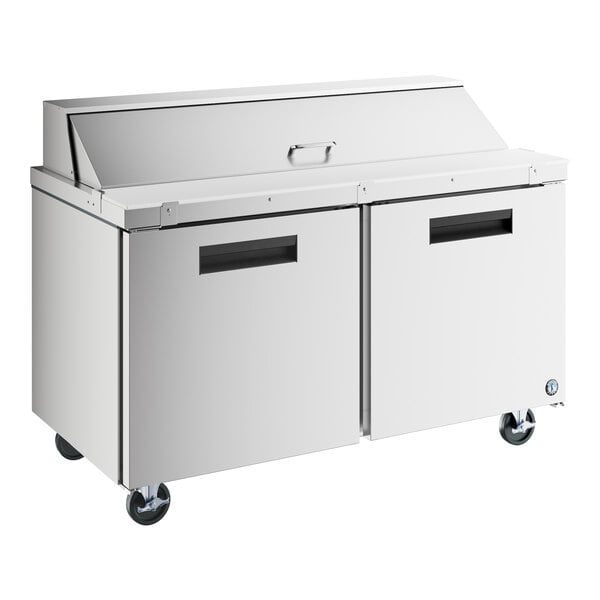 A large stainless steel Hoshizaki sandwich top prep refrigerator with two doors.