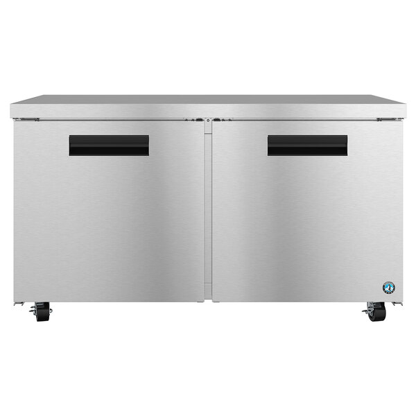 A stainless steel Hoshizaki undercounter refrigerator with 2 doors and black handles.