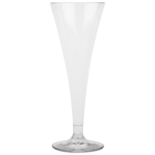 A clear Tritan plastic champagne flute with a stem.