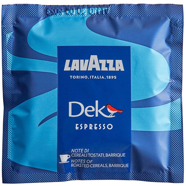 A blue package of Lavazza Dek Decaf single serve espresso pods with a blue and white label.