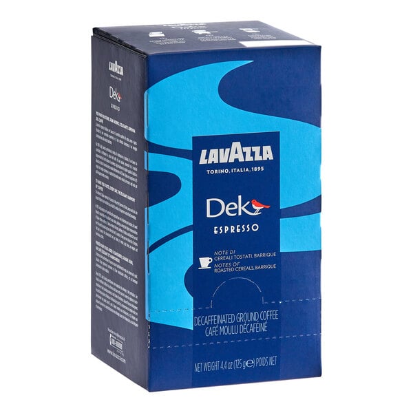 A blue and dark blue box labeled Lavazza Dek Espresso, featuring decaffeinated ground coffee pods.