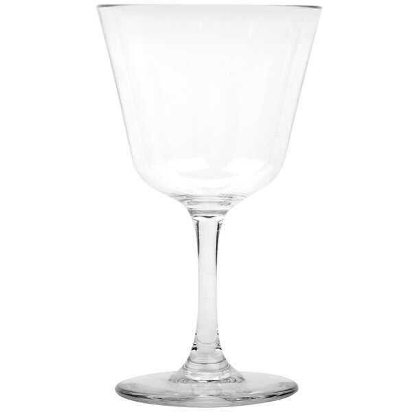 A clear glass wine glass with a stem.