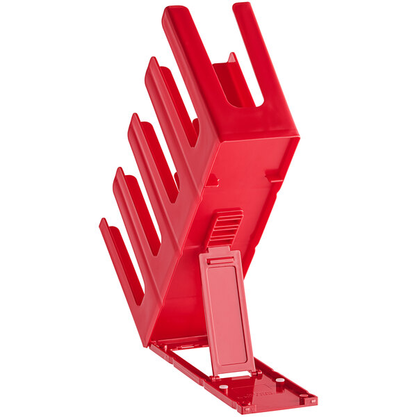 A red plastic Choice countertop cup and lid organizer with 4 slanted sections.