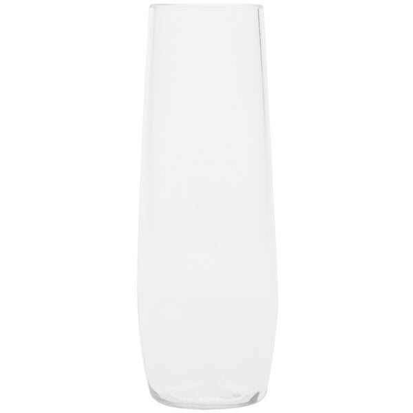 A clear plastic stemless champagne flute with a white background.