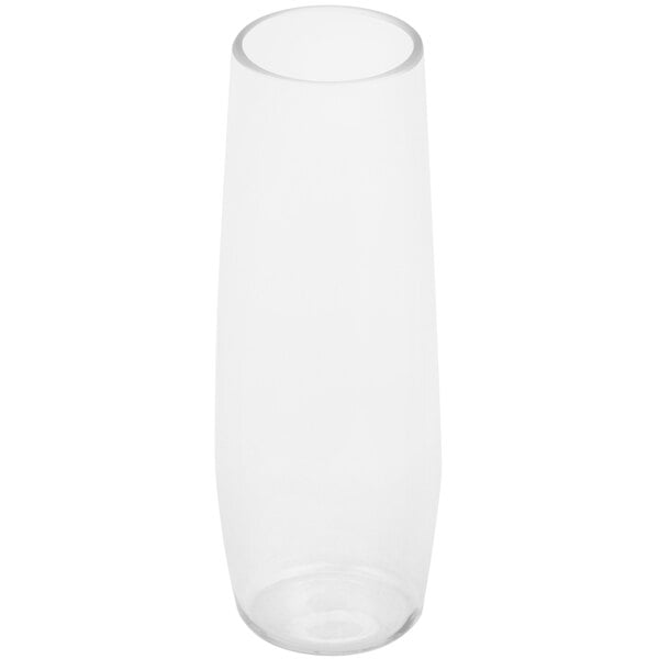 A clear plastic stemless champagne flute with a white background.