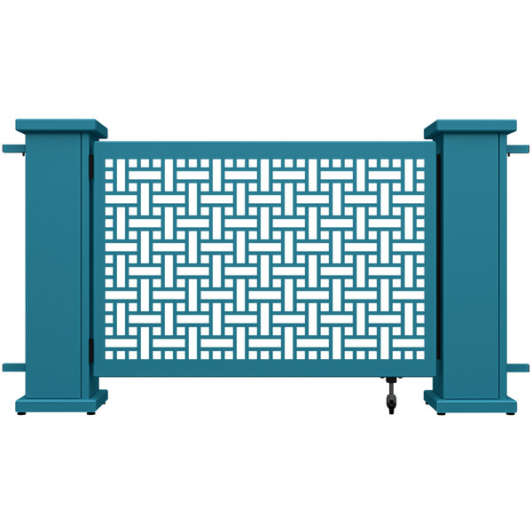 A teal square weave pattern gate with straight planter stands.