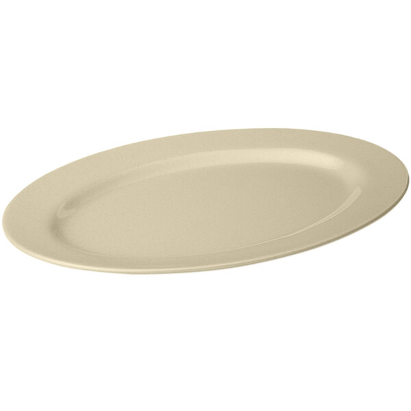 A white oval platter with a thin rim.