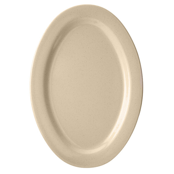 A beige oval platter with a speckled surface and white border.