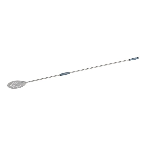 A stainless steel round perforated pizza peel with an 8-inch head and a 59-inch handle.