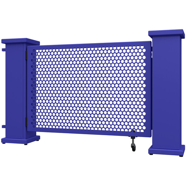 A blue metal fence with a circle pattern and planter stands.