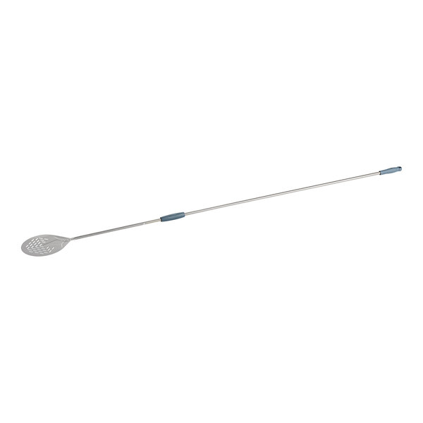 A long-handled stainless steel round perforated pizza peel with blue grips.