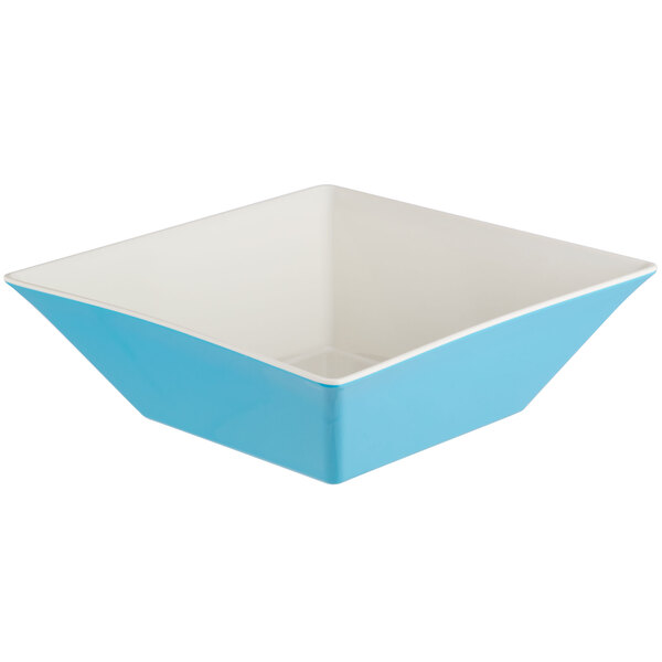 A blue and white square GET Seabreeze melamine bowl.