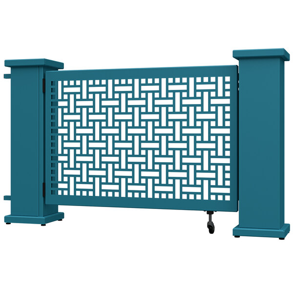 A teal square weave pattern gate for outdoor patios with SelectSpace planter stands.