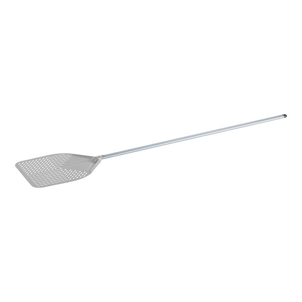 A long-handled, square, perforated aluminum pizza peel.