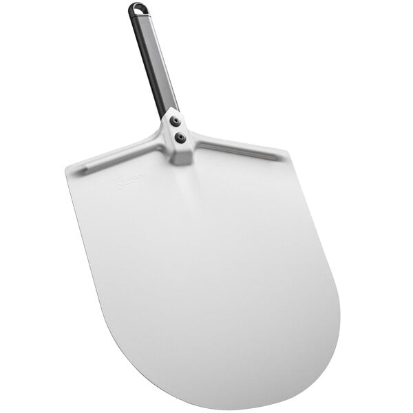 A white anodized aluminum pizza peel with a black handle.