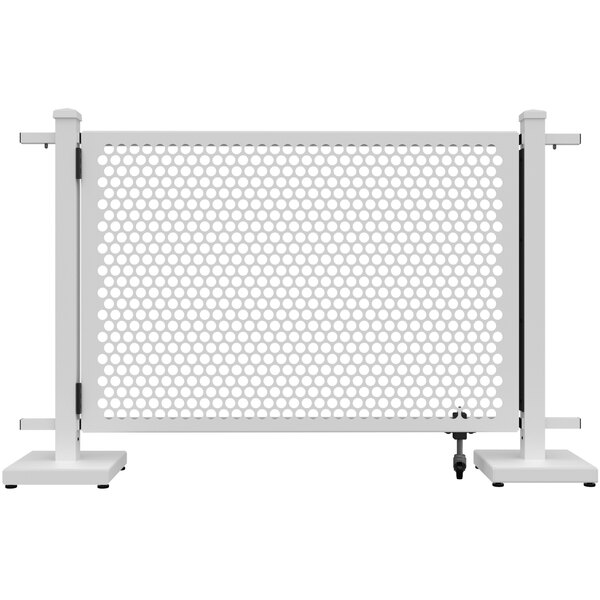 A white metal SelectSpace gate with a circle pattern and straight bars.