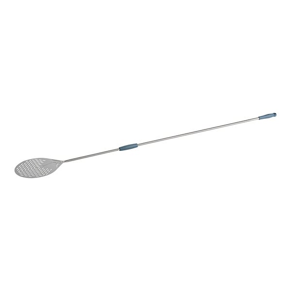 A stainless steel round perforated pizza peel with a long handle.
