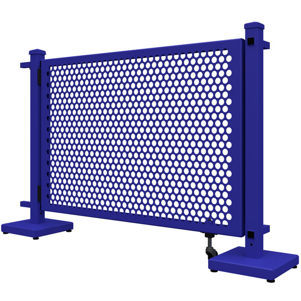A royal blue metal SelectSpace gate with circle pattern and stands.