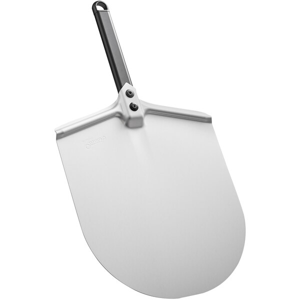 A GI Metal rectangular pizza peel with a white anodized aluminum handle.