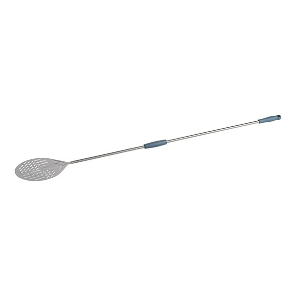 A stainless steel round perforated pizza peel with a 47-inch handle.