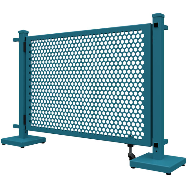A teal metal SelectSpace gate with a circle pattern and stands.